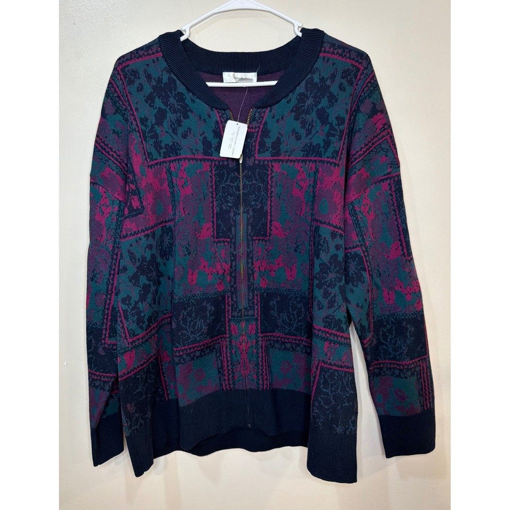 CJ Banks Floral Patchwork Knit Sweater Zip Front Teal Purple‎ Retro Cottagecore - Picture 2 of 10